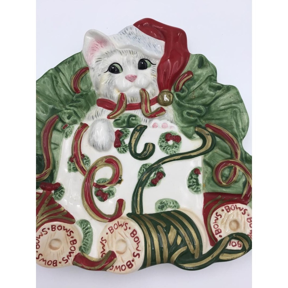 Vintage Fitz and Floyd Ceramic Christmas Plate Set Santa Claus & Holiday Kitten - Picture 9 of 14